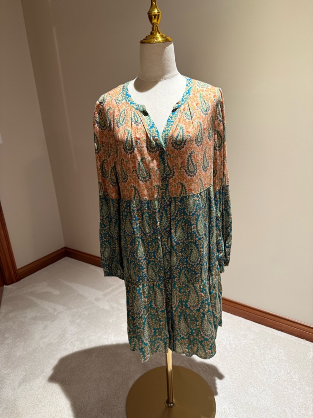 DR2 Paisley Tiered Long-Sleeve Dress - Teal & Peach